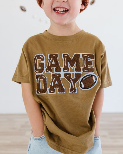 Boy wearing "Game Day" Patch Short Sleeve Mocha T-Shirt