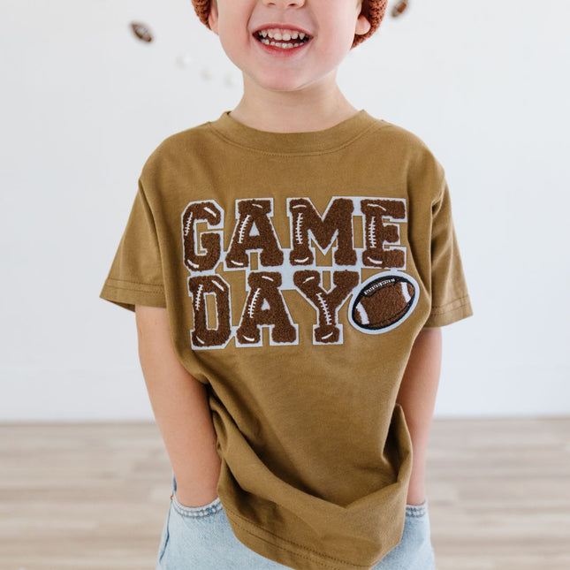 Boy wearing "Game Day" Patch Short Sleeve Mocha T-Shirt