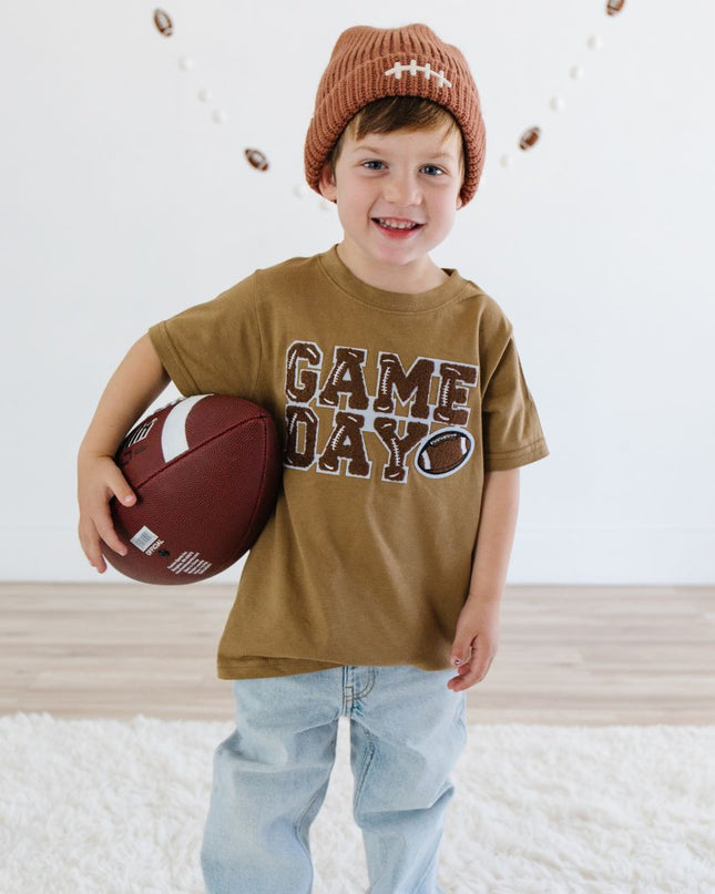 Boy holding football and wearing "Game Day" Patch Short Sleeve Mocha T-Shirt