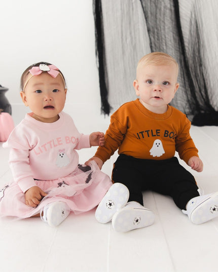 Babies wearing baby romper with 'LITTLE BOO' text and ghost patches