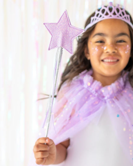 Girl wearing Lavender Shimmer Dress Up Kit - purple Cape, Wand and Tiara