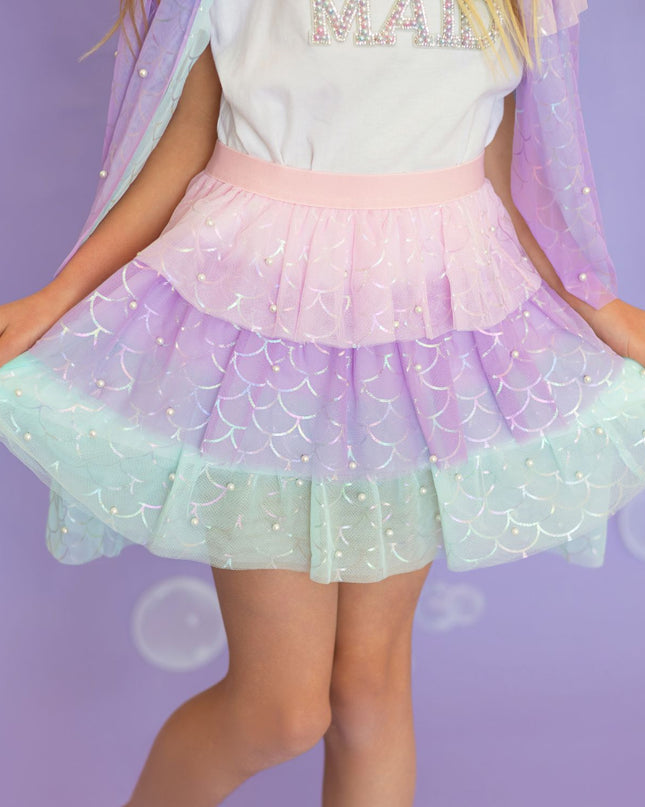 Girl wearing Pink, Purple and Green Tiered Mermaid Tutu with Pearls