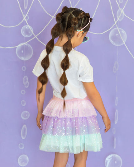 Girl wearing Pink, Purple and Green Tiered Mermaid Tutu with Pearls
