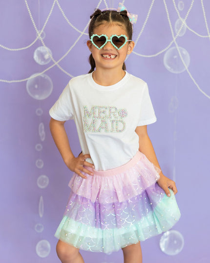 Girl wearing Pink, Purple and Green Tiered Mermaid Tutu with Pearls and Mermaid shirt