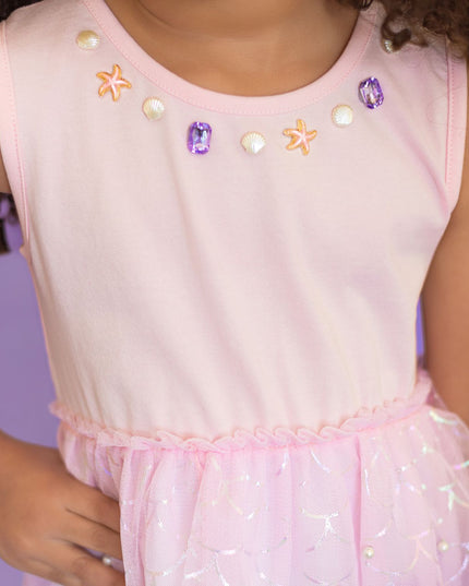 Pink, purple, and green tutu mermaid dress with shell and starfish details