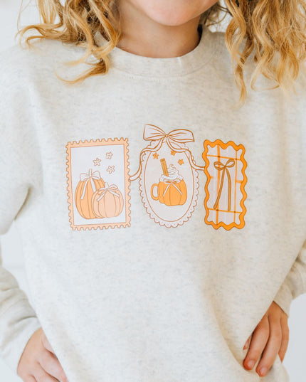 Girl Wearing Natural Heather Sweatshirt with Pumpkin Design