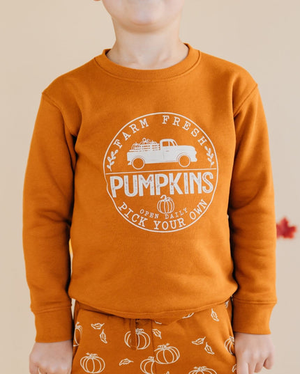 child wearing Burnt orange sweatshirt with pumpkin truck graphic