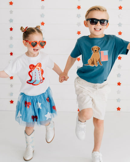 Kids wearing red, white and blue outfits