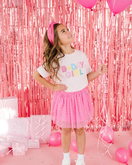 Girl Wearing Pink T-Shirt with Rhinestone B-Day Girl Patch and Pink Rhinestone Tutu