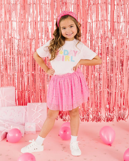 Girl Wearing Pink T-Shirt with Rhinestone B-Day Girl Patch and Pink Rhinestone Tutu