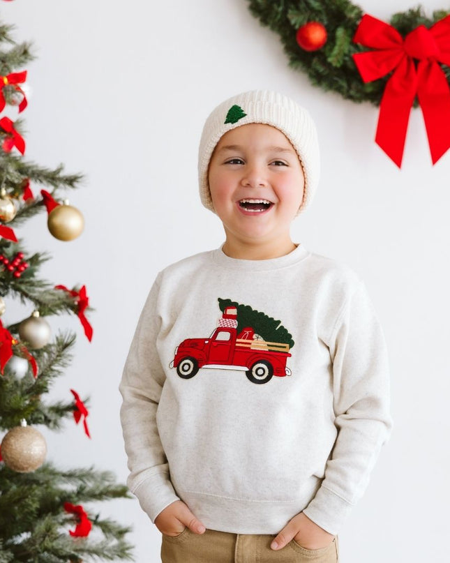 Boy wearing a natural color sweatshirt with red truck carrying a Christmas tree patch and hat with a Christmas tree