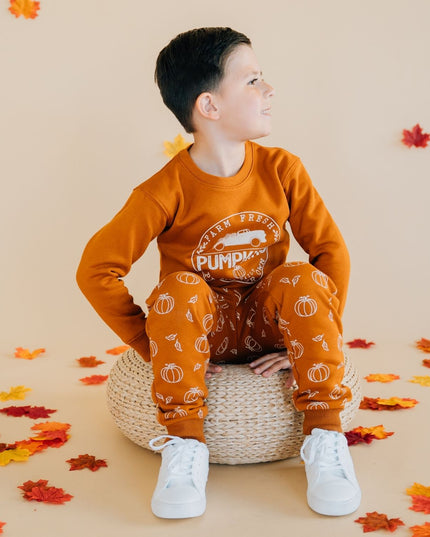 Boy sitting wearing Burnt orange sweatshirt with pumpkin truck graphic and pumpkin sweatpants
