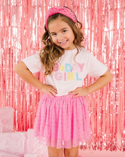 Girl Wearing Pink T-Shirt with Rhinestone B-Day Girl Patch and Pink Rhinestone Tutu