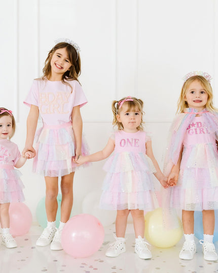 Girls wearing pastel birthday outfits