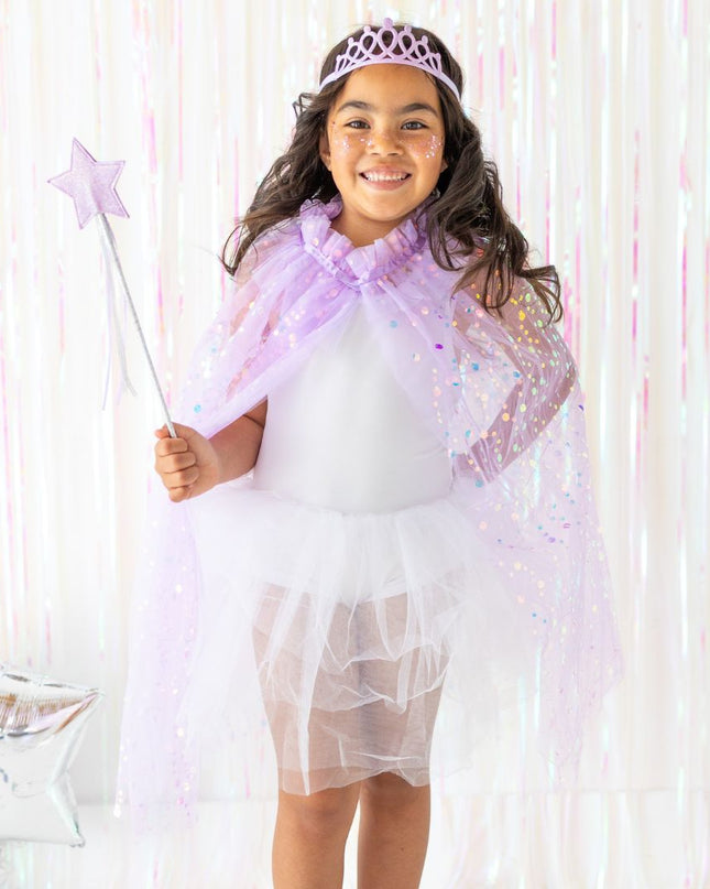 Girl wearing Lavender Shimmer Dress Up Kit - purple Cape, Wand and Tiara