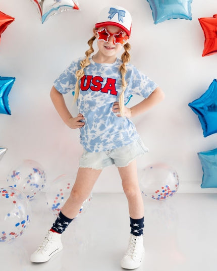 USA Patch Short Sleeve Sky Tie Dye T-Shirt - Giggles & Glitter