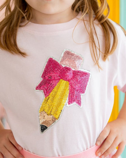 close up of Pencil Bow Sequin Patch Short Sleeve Pink T-Shirt