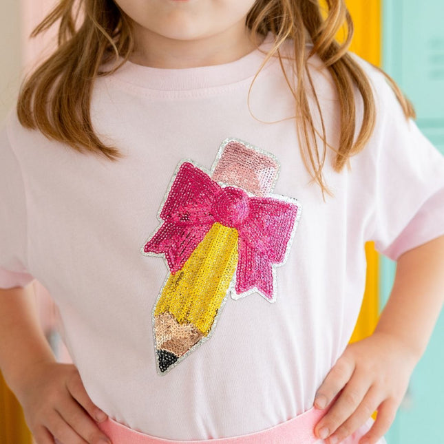close up of Pencil Bow Sequin Patch Short Sleeve Pink T-Shirt