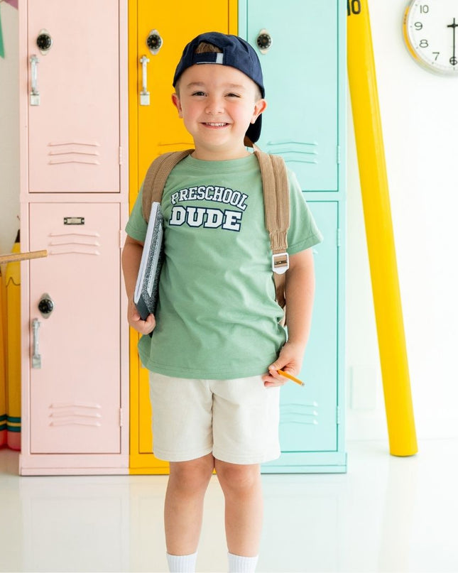 Boy wearing Kindergarten Varsity Short Sleeve Green T-Shirt
