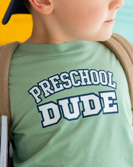 Boy wearing Preschool Dude Varsity Short Sleeve Green T-Shirt