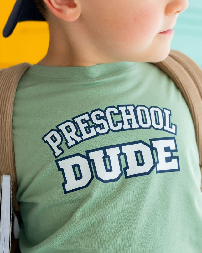 Boy wearing Preschool Dude Varsity Short Sleeve Green T-Shirt