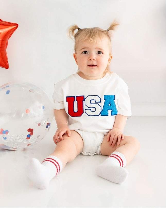 USA Patch Short Sleeve White Romper - Giggles & Glitter