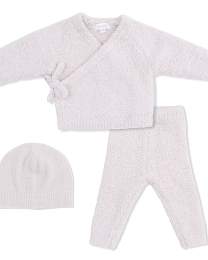 Natural baby outfit with a kimono wrap top, pants, and hat 