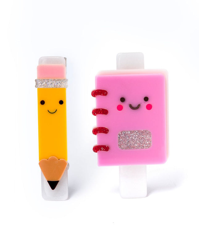 Pink Notebook and Pencil Hair Clips 