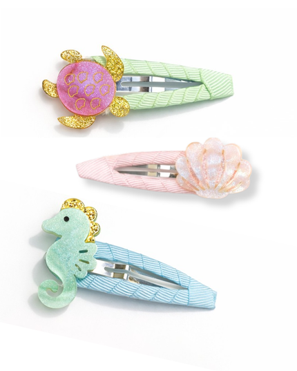 Snap clips with a turtle, shell and seahorse