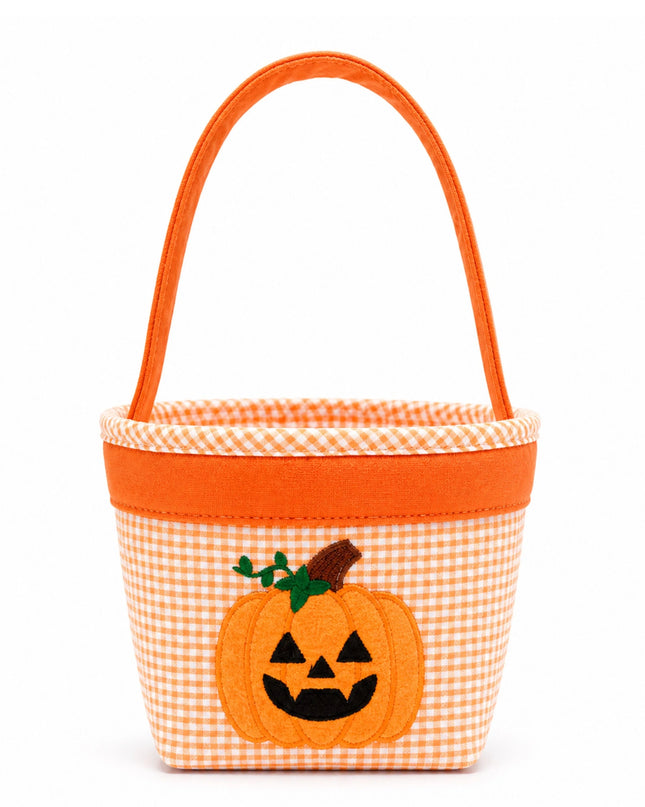 An orange and white gingham tote with a solid orange handle, featuring a stitched orange pumpkin patch on the front.
