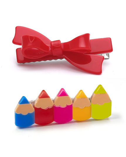Rainbow Color Pencil and Red Bow Hair Clips