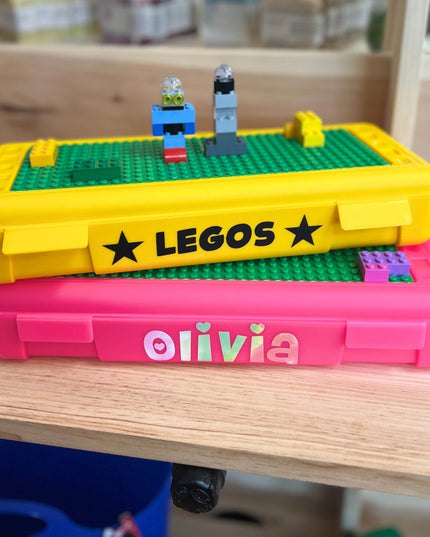 Personalized Building Blocks Travel Box and Storage Case with Building Plate Lid - Giggles & Glitter