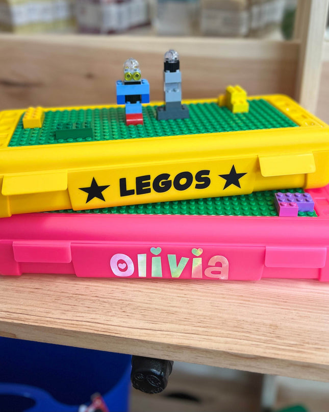 Personalized Building Blocks Travel Box and Storage Case with Building Plate Lid - Giggles & Glitter