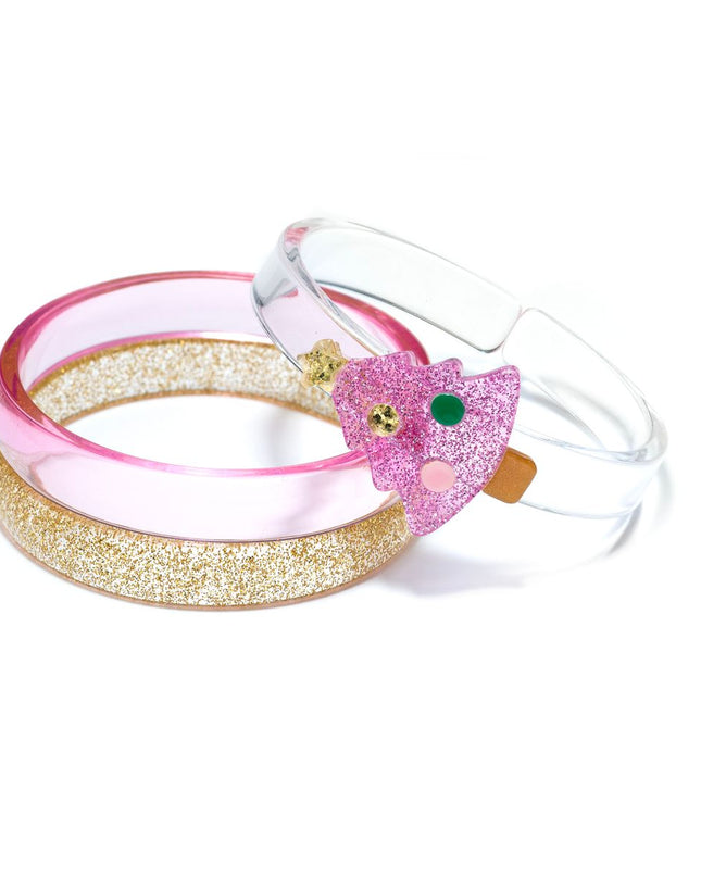 Set of Christmas bracelets with 1 gold bracelet, 1 pink bracelet and a clear bracelet with a pink Christmas tree