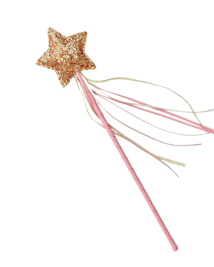 A glittery gold star wand with a pink wrapped handle and delicate pink, white, and gold tassels