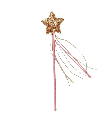 A glittery gold star wand with a pink wrapped handle and delicate pink, white, and gold tassels