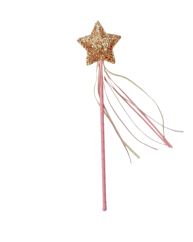 A glittery gold star wand with a pink wrapped handle and delicate pink, white, and gold tassels