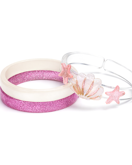 Bangle set - 1 pink bangle, 1 white bangle and one clear bangle with pink starfish and shell. 