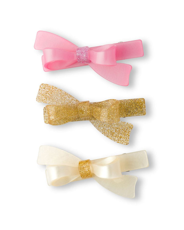Pink, Gold Glitter and Pearl Bow Hair Clips