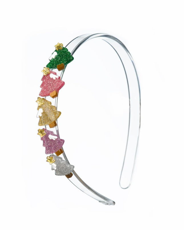 Headband with green, pink, gold and silver mini Christmas trees. 