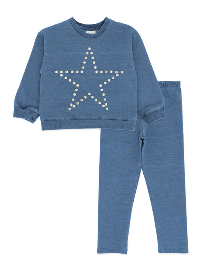 A two-piece kids' loungewear set in denim blue, featuring a crewneck sweatshirt with a large star outlined in metal grommets and matching elastic-waist pants
