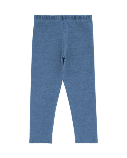 A pair of kids' blue denim leggings with an elastic waistband.