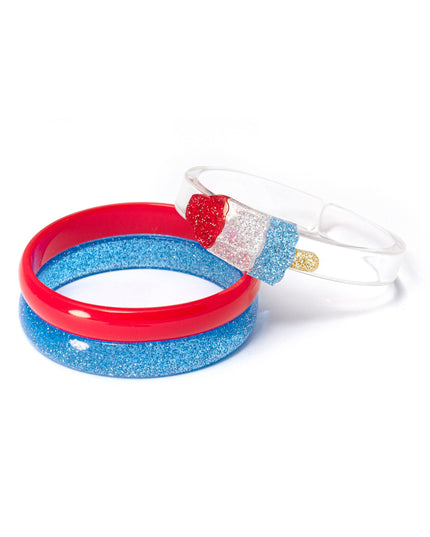 one red, one blue glitter, and one clear bracelet with a cute popsicle charm