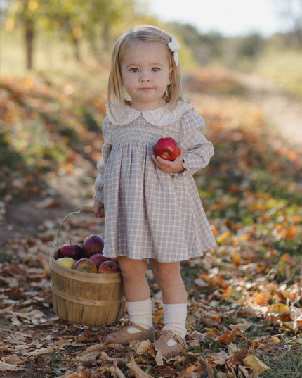 A little girl wearing a long sleeve dress with blue checkered pattern and white collar holding a basket of apples