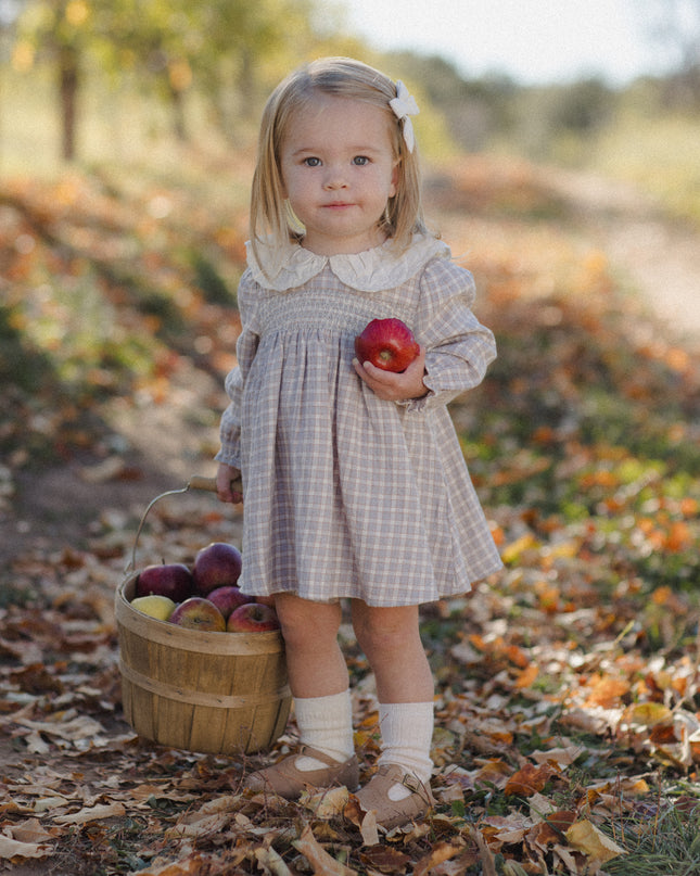 A little girl wearing a long sleeve dress with blue checkered pattern and white collar holding a basket of apples