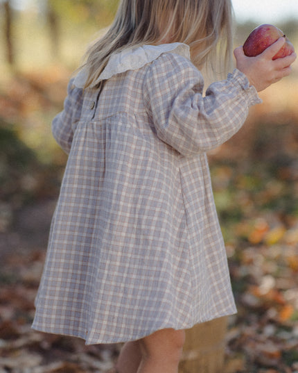 A little girl wearing a long sleeve dress with blue checkered pattern and white collar 