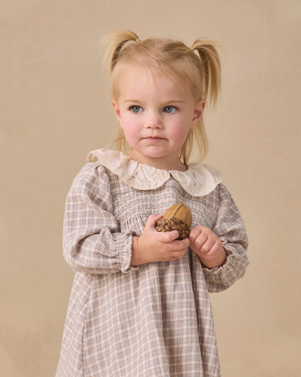 A little girl wearing a long sleeve dress with blue checkered pattern and white collar 