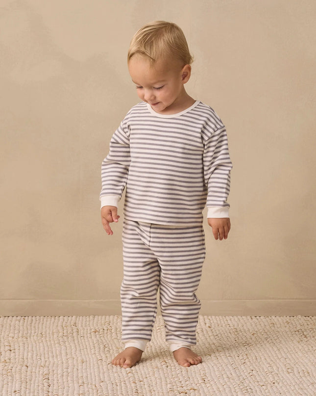 Boy wearing Dark grey and white stripe children's outfit