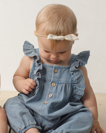 Baby wearing Denim romper with button and ruffle sleeves