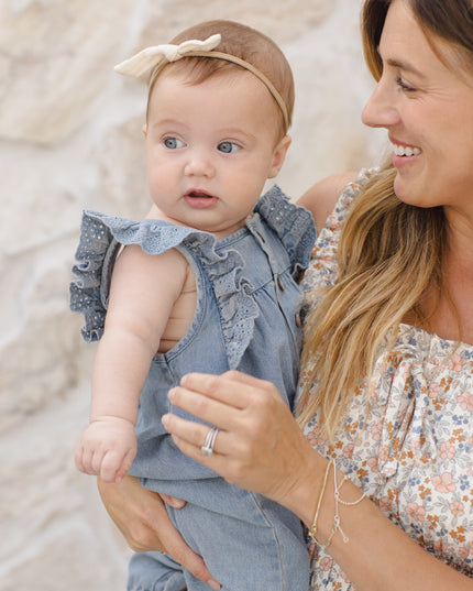 Mom holding Baby wearing Denim romper with button and ruffle sleeves